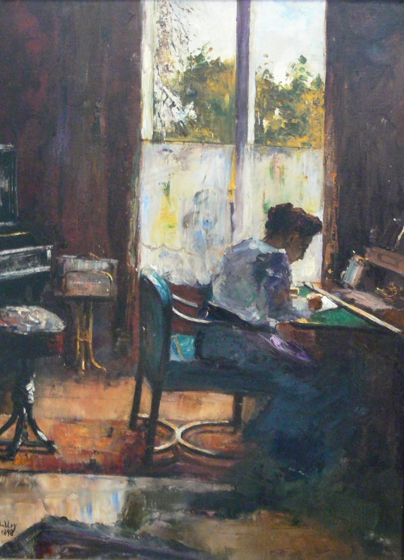 Oil painting of a woman seated in profile by a window, leaning over a desk as she writes, in a dimly lit room