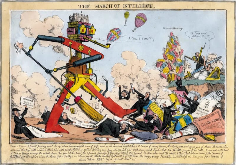 Satirical illustration of the March of Intellect (1829) showing mechanical figures and crowds in motion