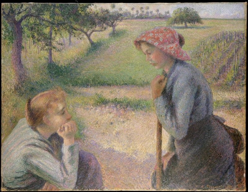 Painting of two young peasant women in conversation in a field, one resting her chin on her hand listening to the other, who stands holding a staff