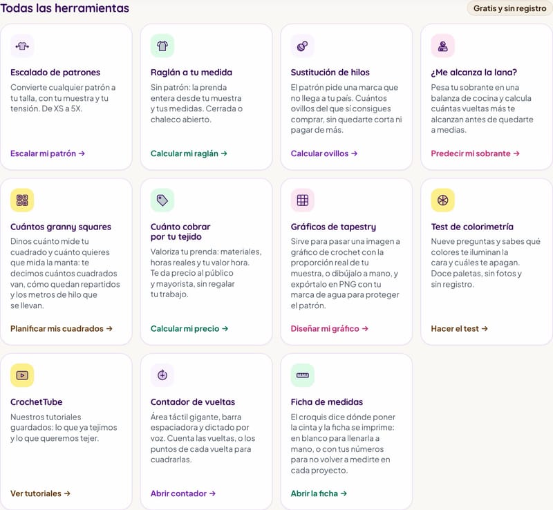 Captura de la sección "Todas las herramientas" de tejelab.com: once tarjetas con el nombre, la descripción y el enlace de cada herramienta