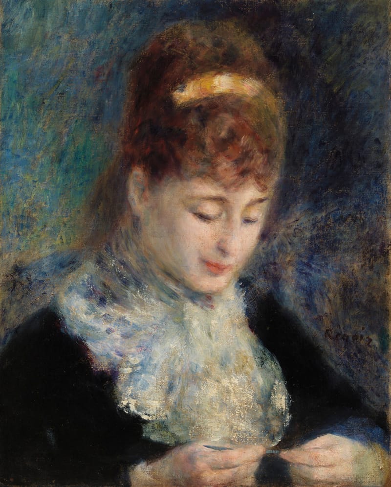 Retrato al óleo de una mujer joven con la cabeza inclinada sobre su tejido, vestido oscuro con encaje blanco al cuello