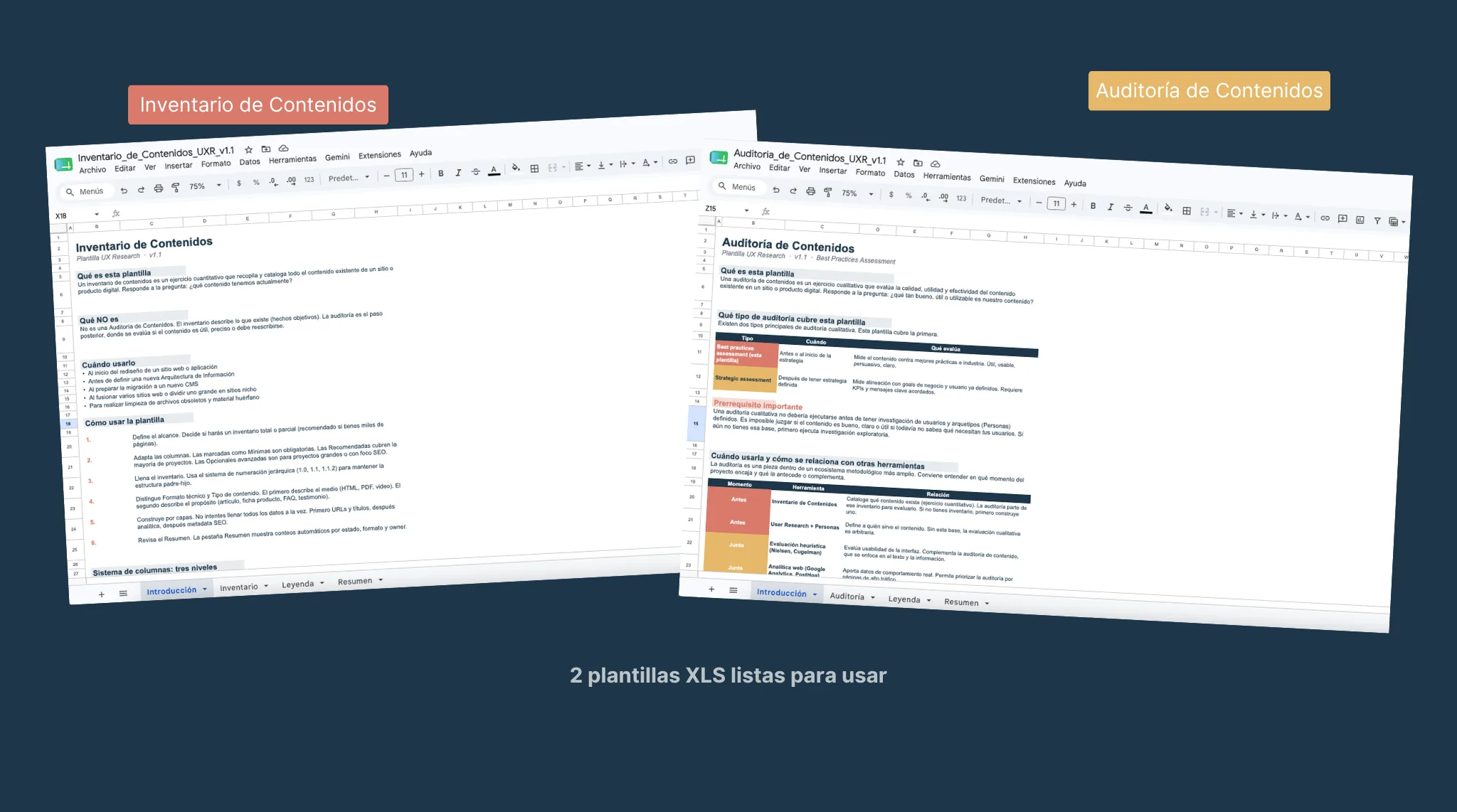 Preview of the two XLS templates: Content Inventory and Content Audit, ready to use.