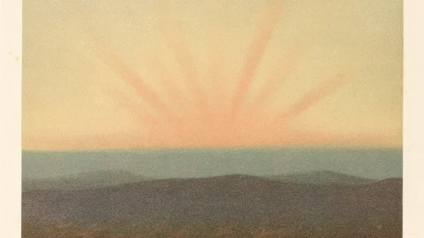Kiessling chromolithograph (1888): twilight rays converging over hills after the Krakatoa eruption